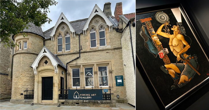 external view of the Mining Art Gallery, Bishop Auckland and painting displayed inside.